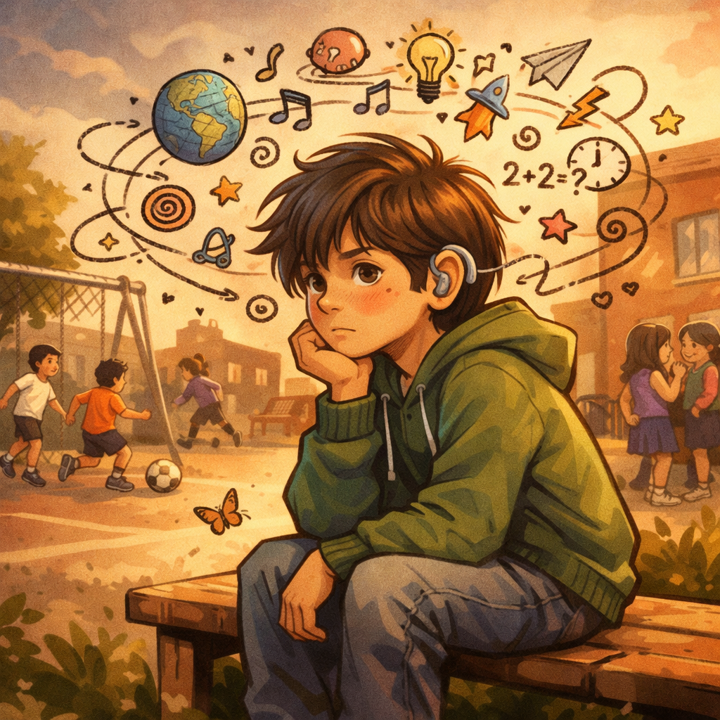 A warm-toned cartoon illustration of a young boy sitting alone on a wooden bench at the edge of a school playground. Other children play football and chat in the background. The boy rests his chin on his hand and looks thoughtful. Around his head are floating doodles — a globe, musical notes, a rocket, numbers, stars and swirling lines — representing an active, imaginative mind. The atmosphere feels reflective, slightly separate, but gentle rather than sad.